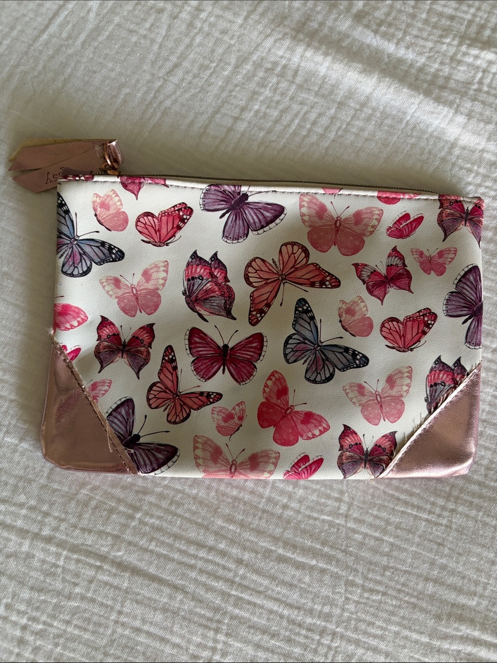 Butterfly Print Cosmetic Pouch with Pink Metallic Corners